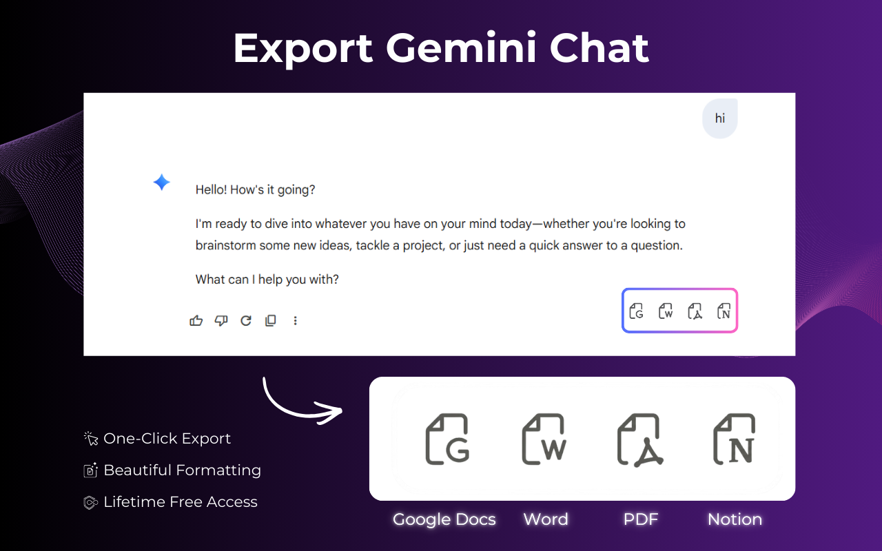 Gemini to Word Chrome extension interface — one-click export panel with format options including Word .docx