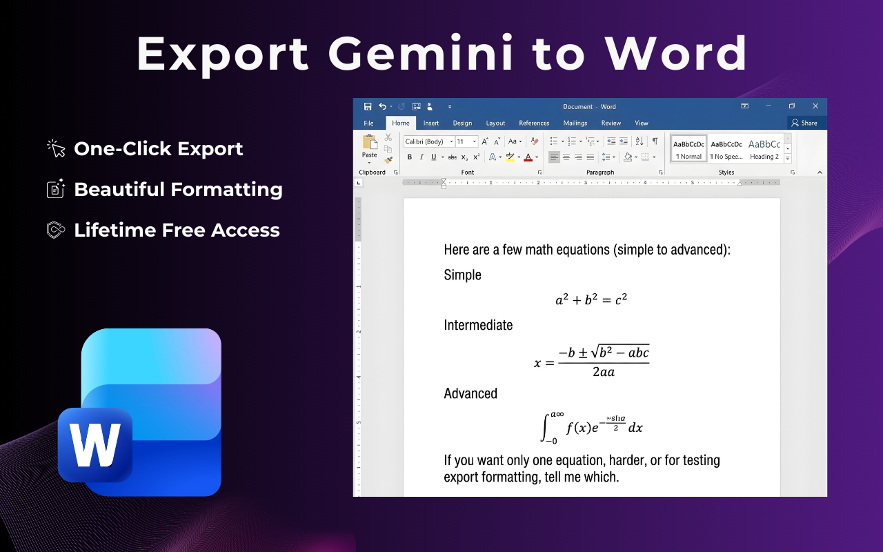 Gemini to Word preview — exported .docx file showing preserved code blocks and tables in Microsoft Word
