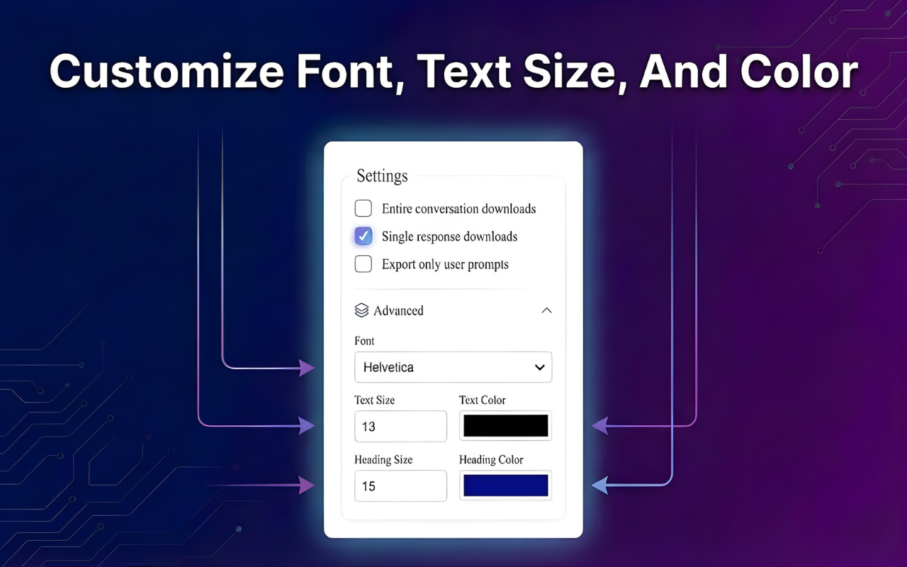Gemini to Word export — customization panel showing font and style options before downloading .docx