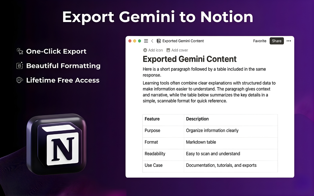 Gemini chat exported to Notion as a structured knowledge base page