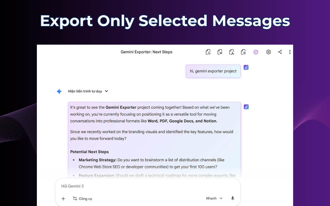 Gemini to Word partial selection — choosing specific messages from a Gemini chat to export to .docx