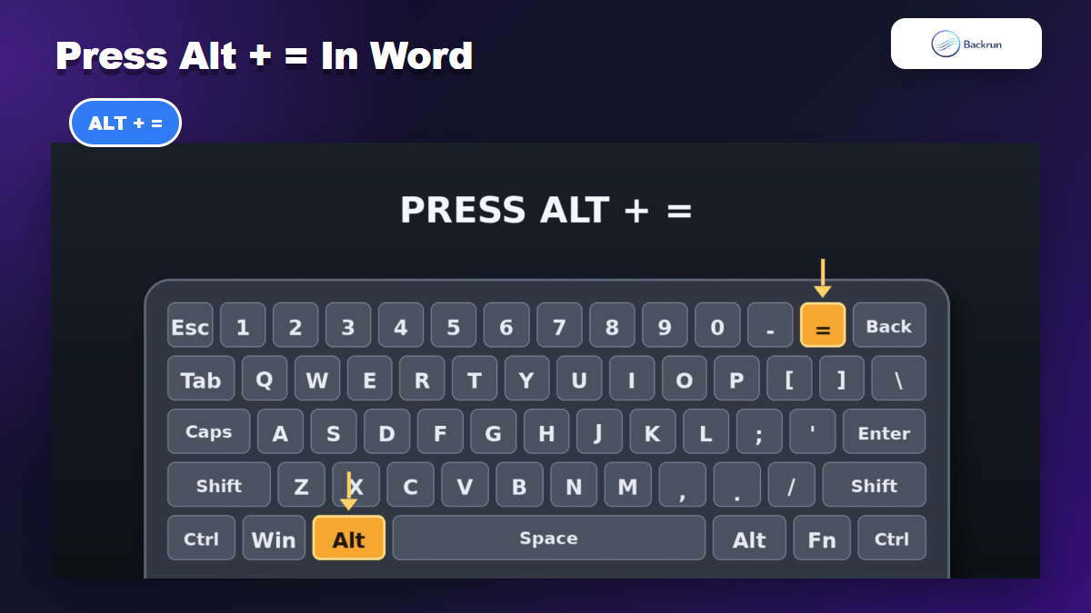 Keyboard shortcut Alt plus equals for opening Word Equation