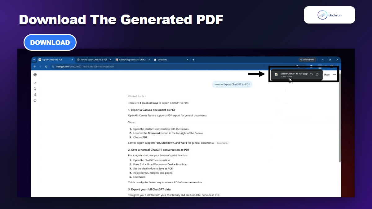 Browser download notification after exporting ChatGPT to PDF