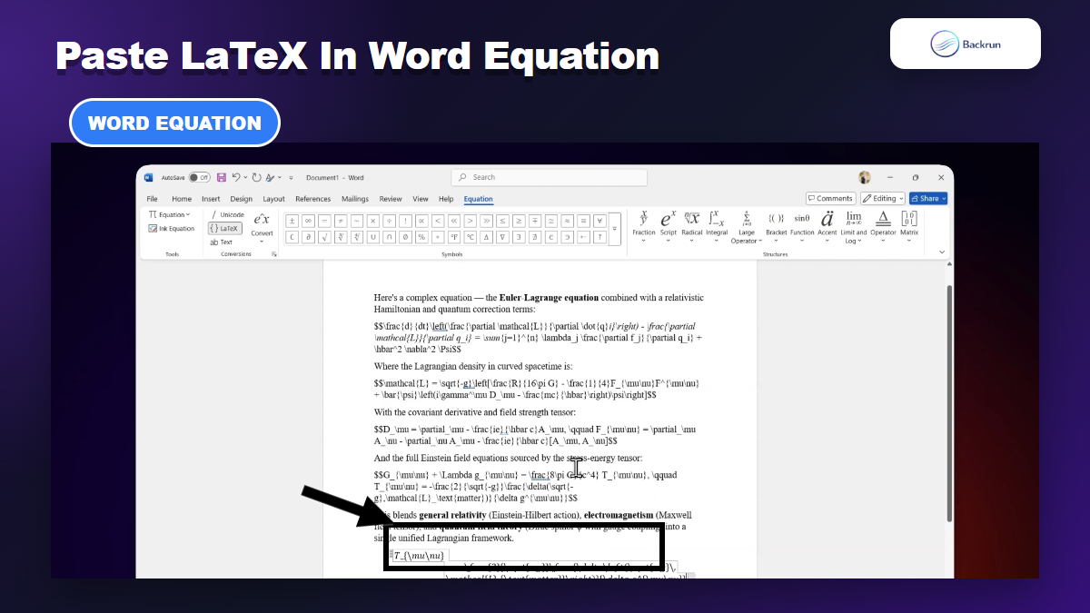 Word Equation field with LaTeX pasted from Claude