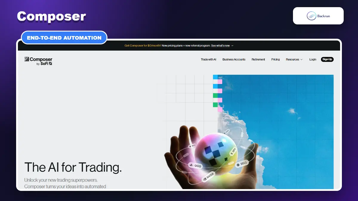 Composer Trade with AI page showing automated stock trading strategy tools