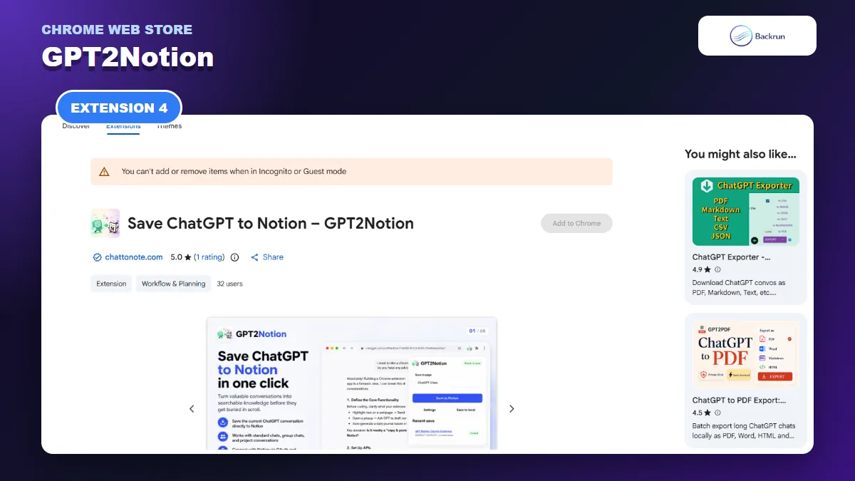 Chrome Web Store listing for GPT2Notion with ChatGPT media and equation export