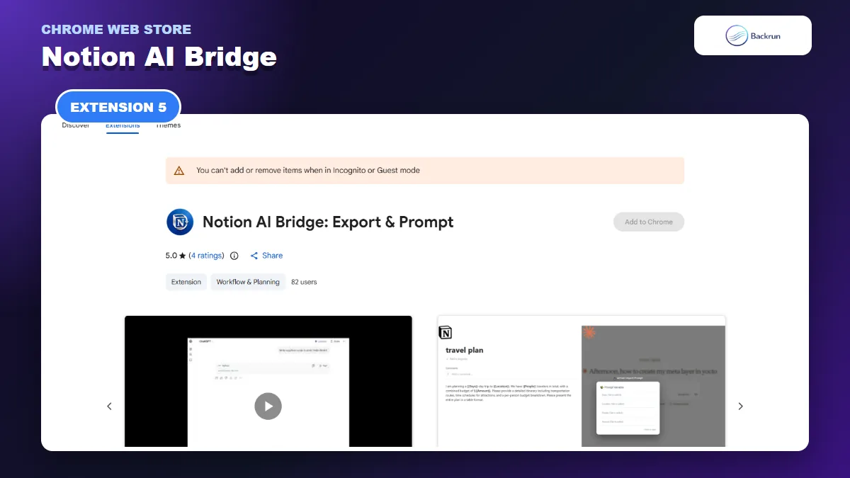 Chrome Web Store listing for Notion AI Bridge with ChatGPT export and prompt import