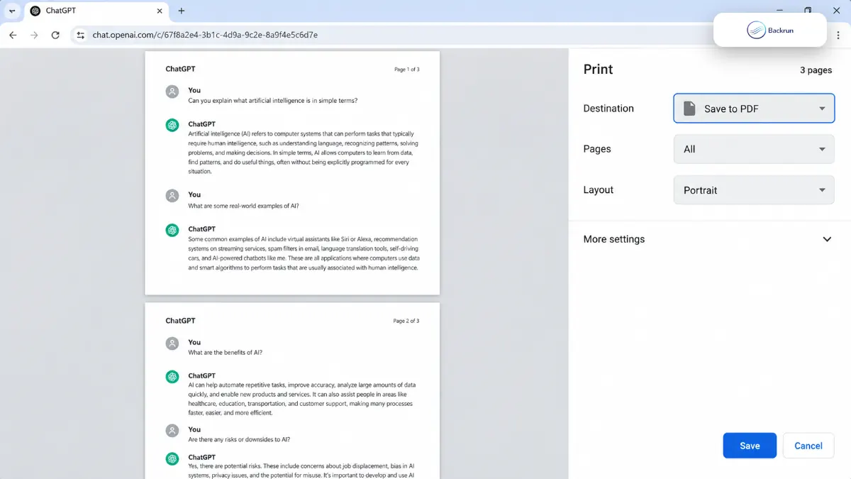 Chrome print preview with Save to PDF selected for a ChatGPT conversation
