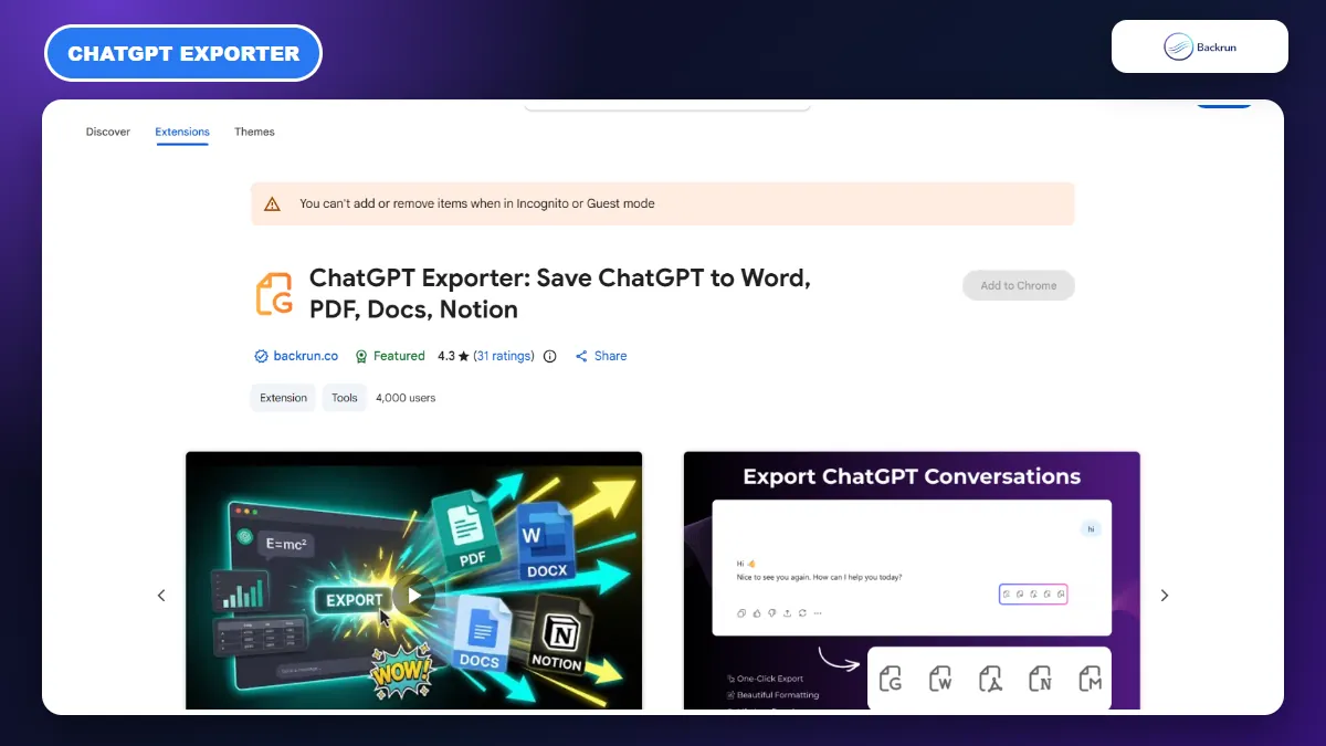 ChatGPT Exporter Chrome Web Store listing