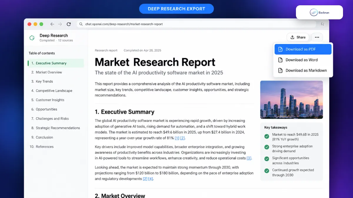 ChatGPT Deep Research report menu with Download as PDF selected