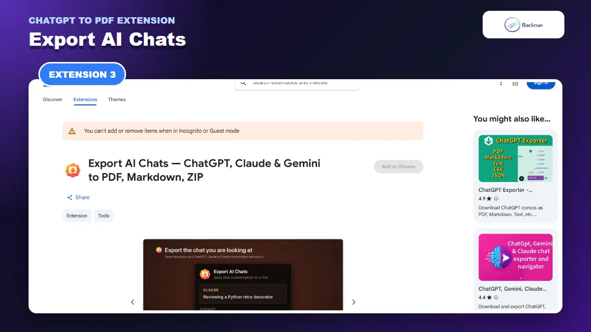 Chrome Web Store listing for Export AI Chats