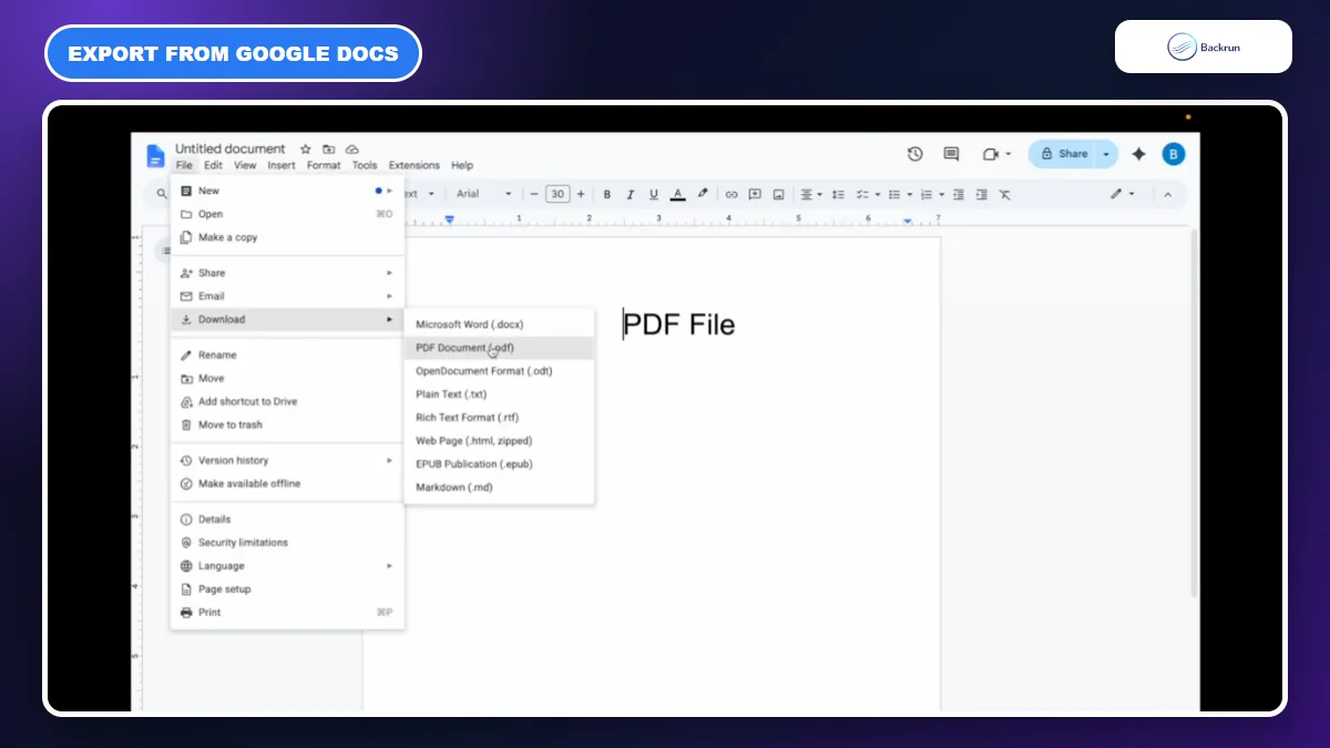 Google Docs File menu with PDF Document download selected