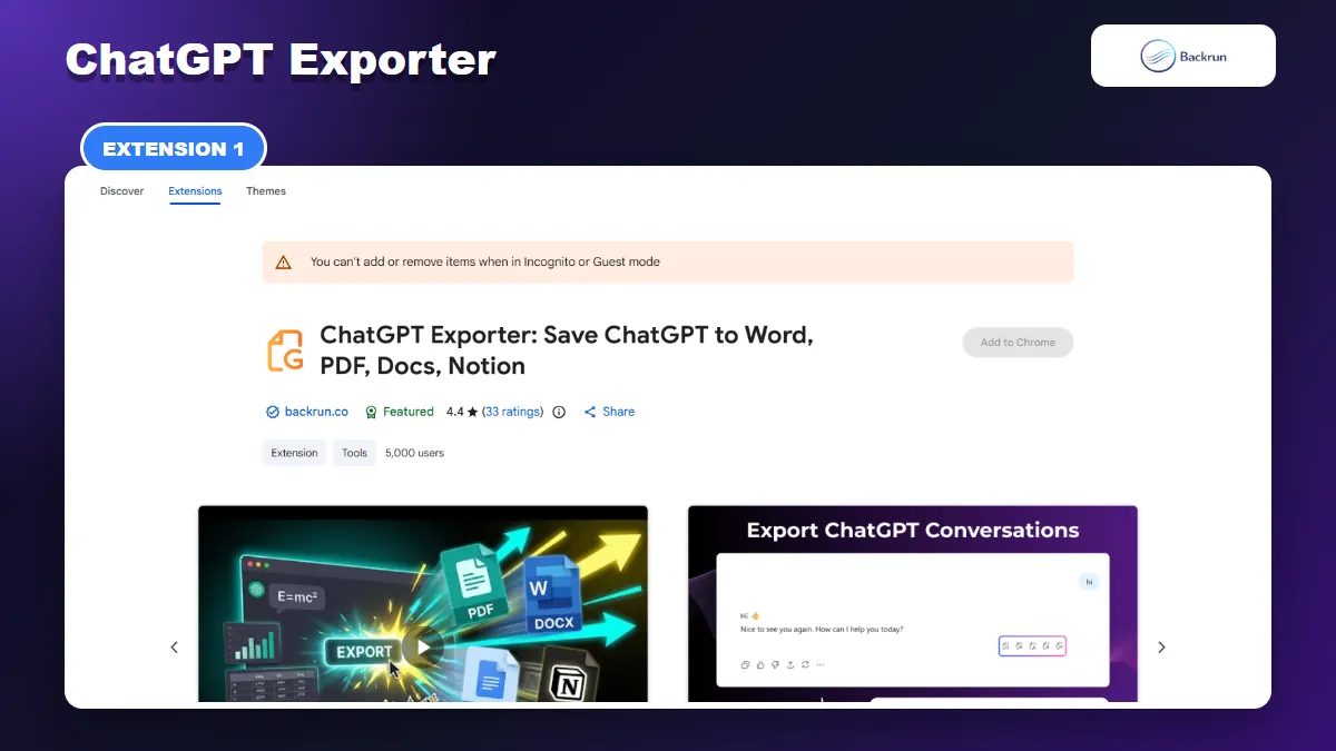 Chrome Web Store listing for ChatGPT Exporter with Word, PDF, Google Docs, and Notion output