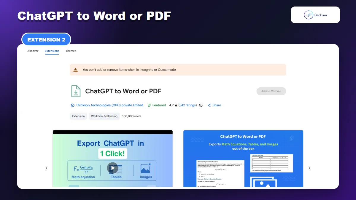 Chrome Web Store listing for ChatGPT to Word or PDF with equation, table, and image export examples