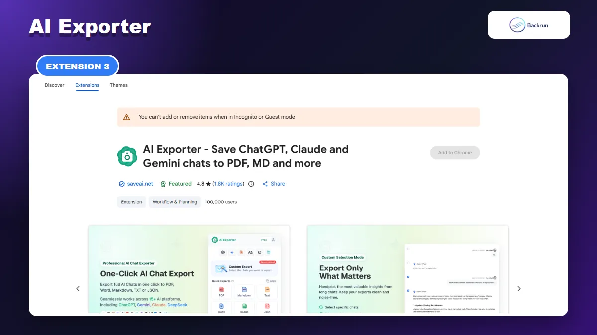Chrome Web Store listing for AI Exporter with Word and multi-platform chat export