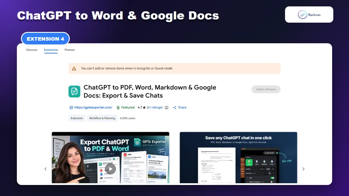 Chrome Web Store listing for GPTS Exporter with Word and Google Drive controls