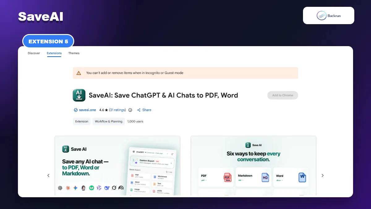 Chrome Web Store listing for SaveAI with Word, PDF, Markdown, image, text, and JSON formats