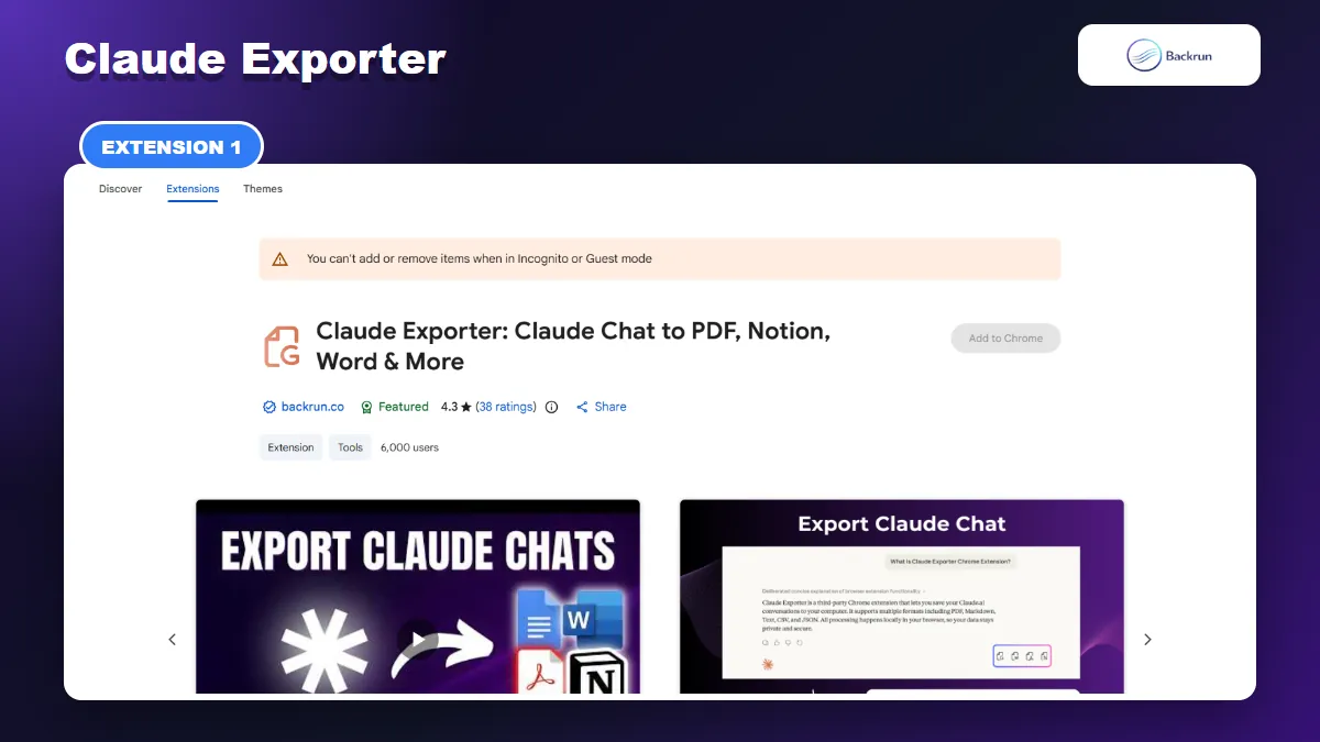 Chrome Web Store listing for Claude Exporter with selected-message and full-conversation export
