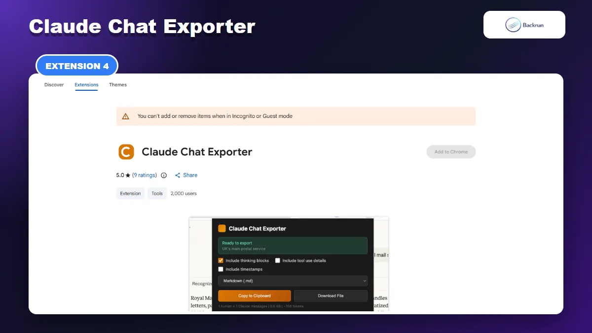 Chrome Web Store listing for Claude Chat Exporter with thinking and tool-use controls