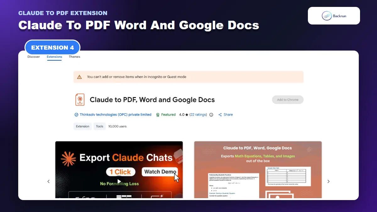 Chrome Web Store listing for Claude to PDF Word and Google Docs