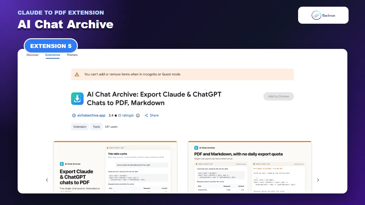 Chrome Web Store listing for AI Chat Archive