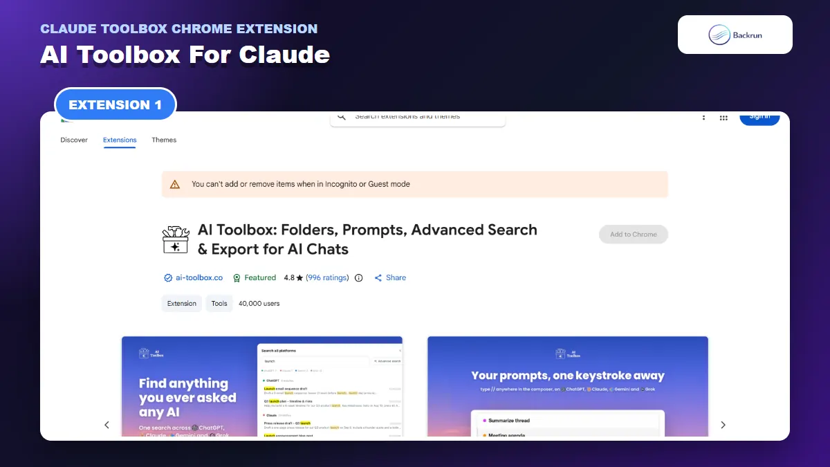 Chrome Web Store listing for AI Toolbox with Claude support