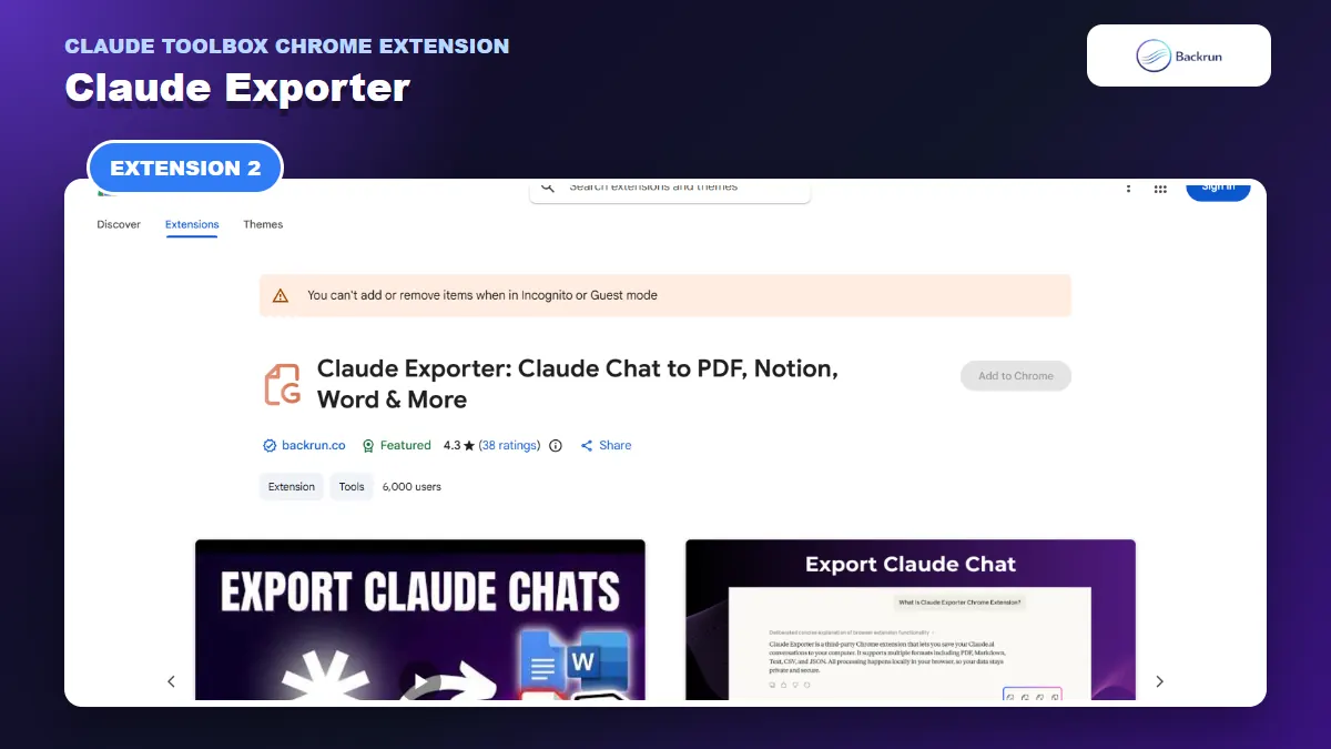 Chrome Web Store listing for Claude Exporter with PDF Word Google Docs and Notion output