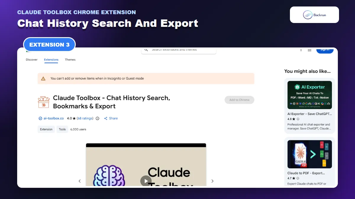 Chrome Web Store listing for Claude Toolbox chat history search bookmarks and export