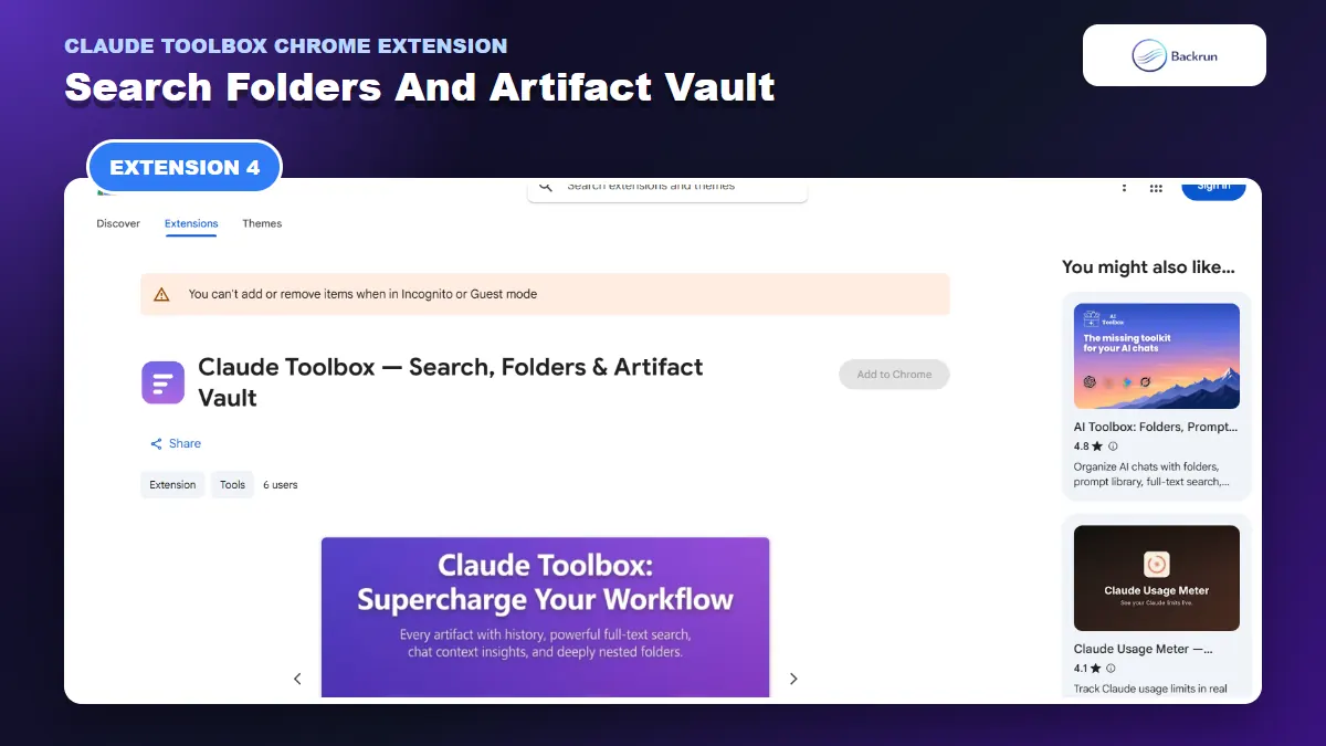 Chrome Web Store listing for Claude Toolbox search folders and Artifact Vault