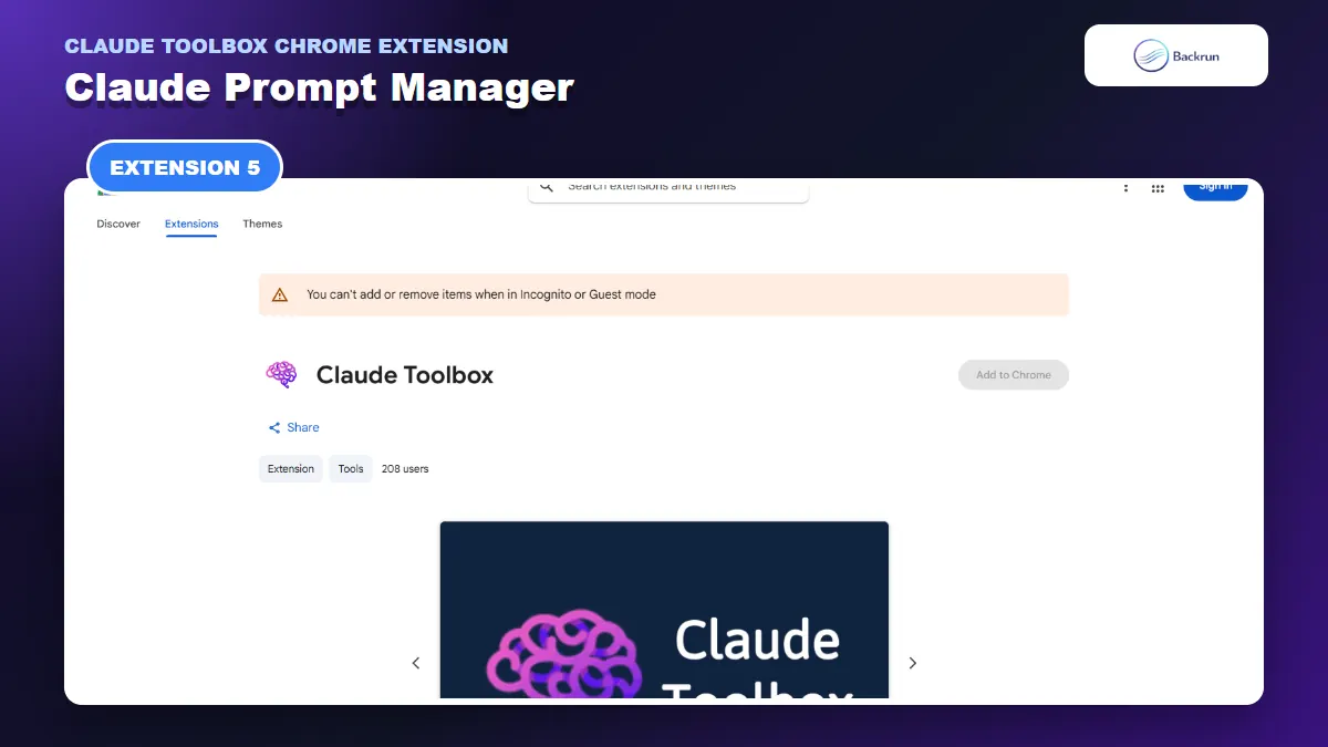 Chrome Web Store listing for the Claude Toolbox prompt manager