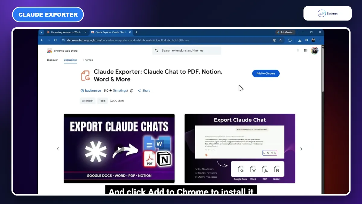 Claude Exporter Chrome Web Store page for exporting Claude equations to Word