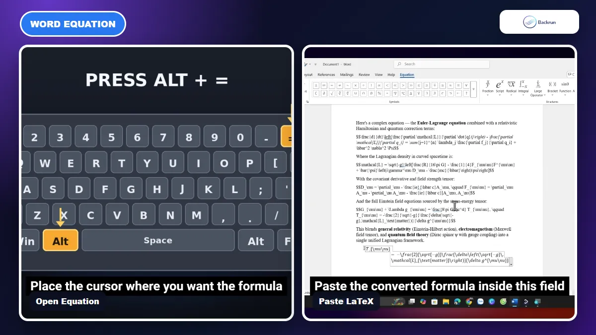 Alt plus equals shortcut and Word Equation field for Claude LaTeX