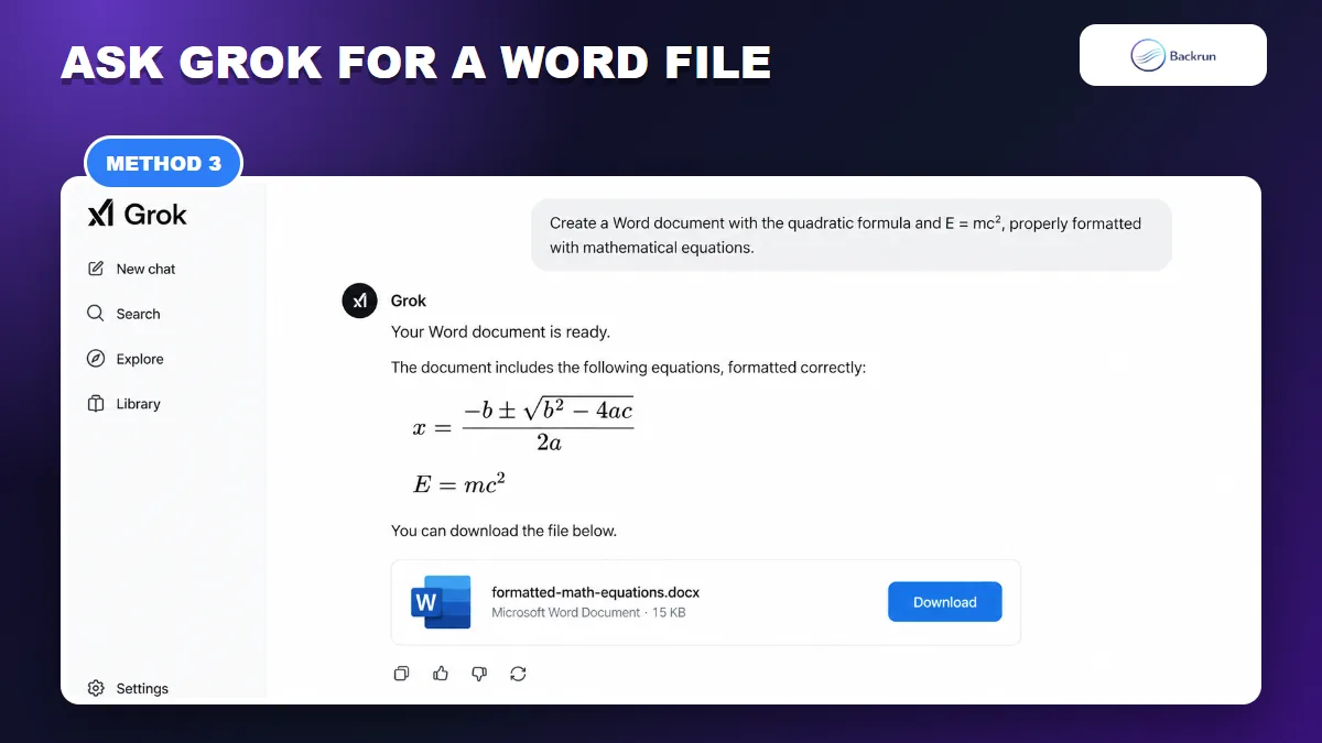 Grok response with correctly formatted equations and a downloadable Word file
