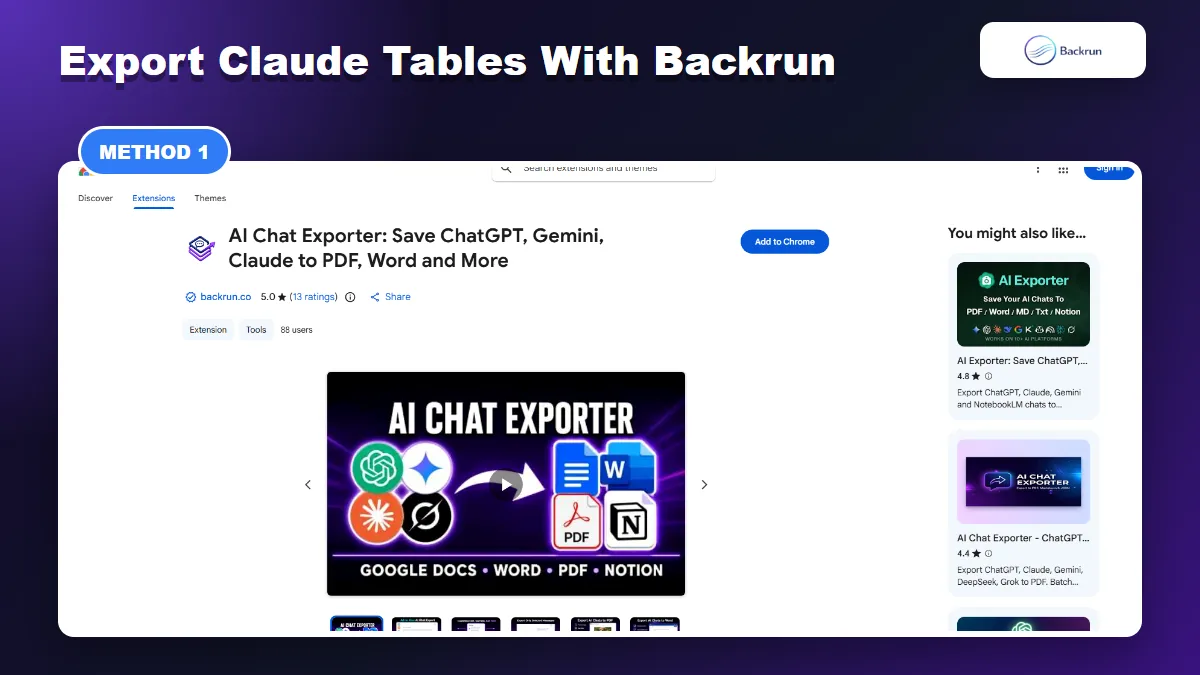 Chrome Web Store listing for AI Chat Exporter by Backrun