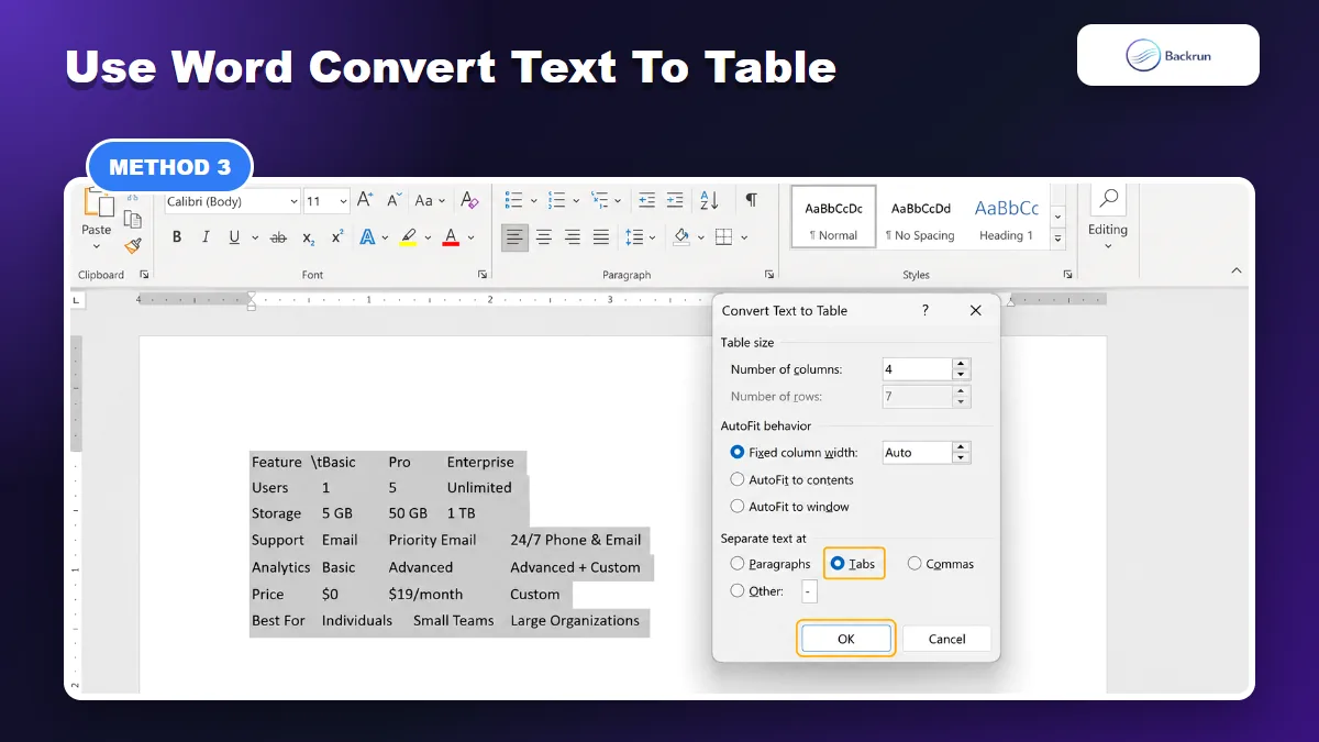Microsoft Word Convert Text to Table dialog with Tabs selected