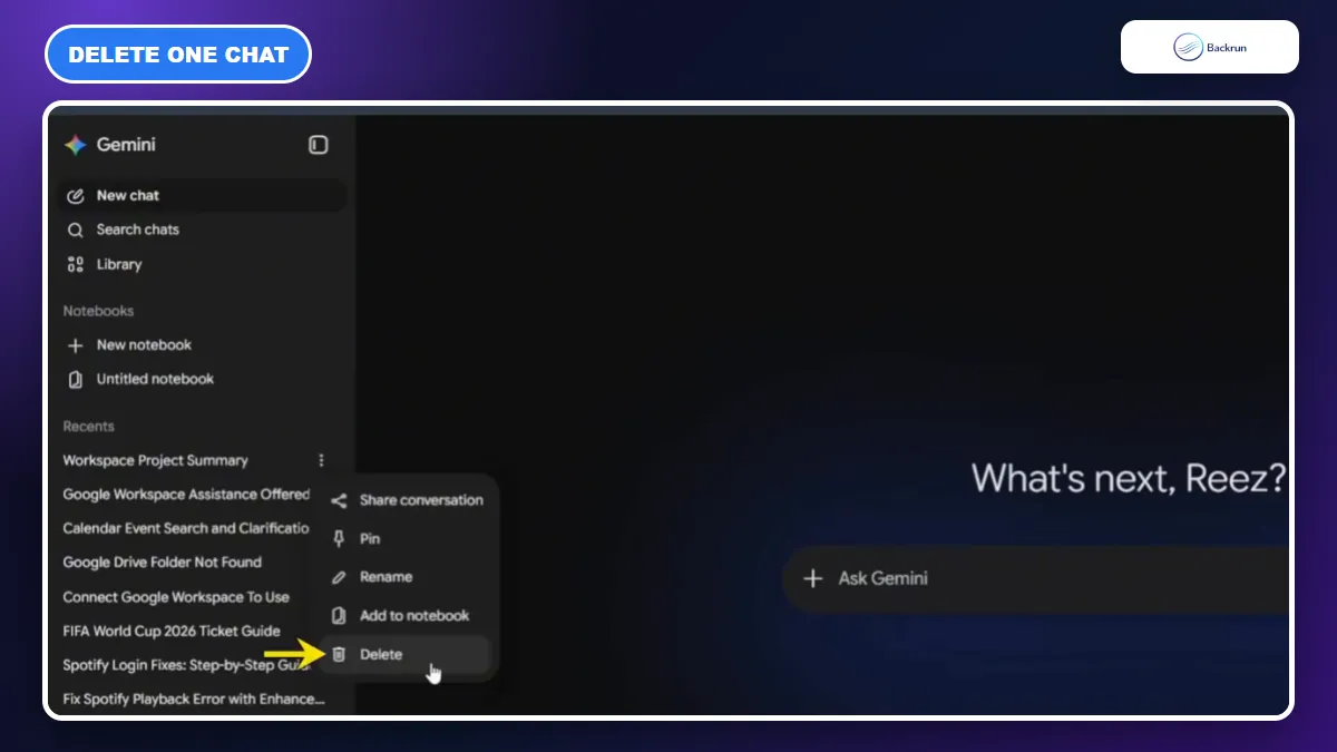 Gemini recent chats menu with the Delete command selected