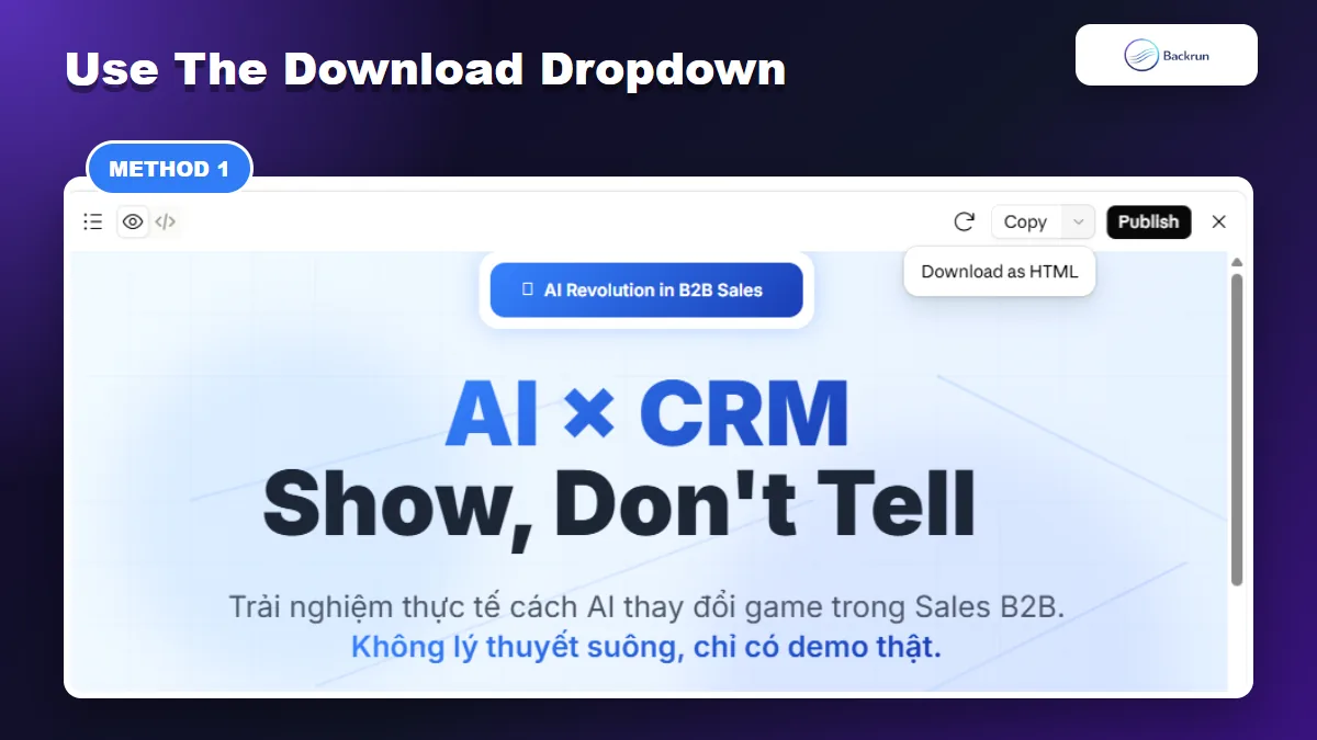 Claude artifact dropdown menu showing Download as HTML beside the Copy button