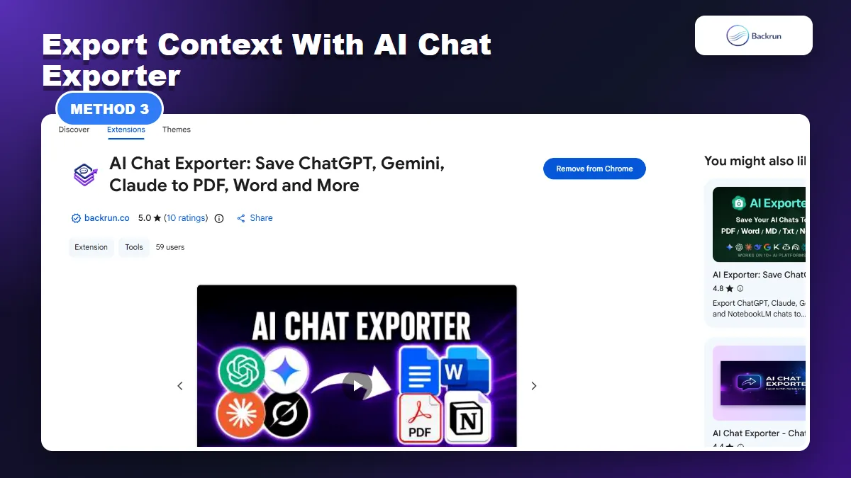 Chrome Web Store page for AI Chat Exporter by Backrun