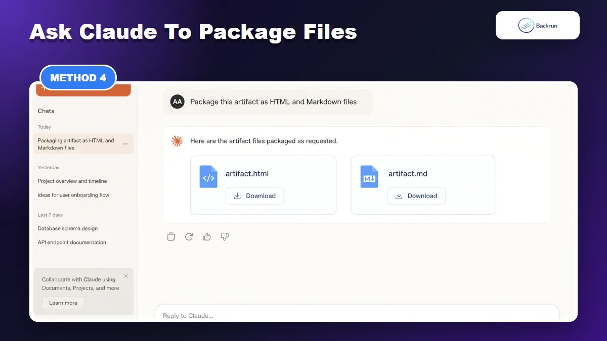 Claude response with downloadable artifact HTML and Markdown file cards