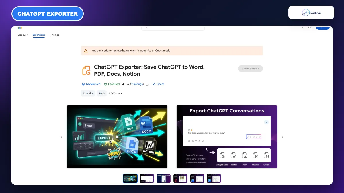ChatGPT Exporter listing on the Chrome Web Store