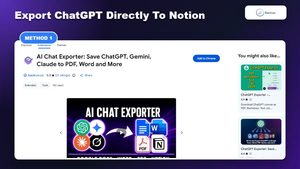 Chrome Web Store page for Backrun AI Chat Exporter with Notion export support