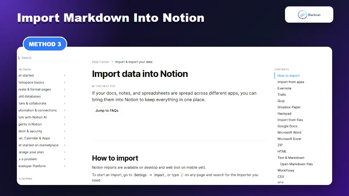 Notion help page showing Markdown and file import options