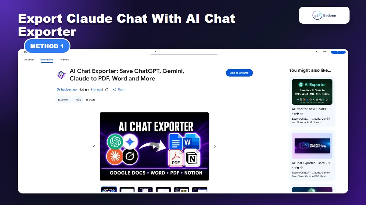 Chrome Web Store page for AI Chat Exporter by Backrun