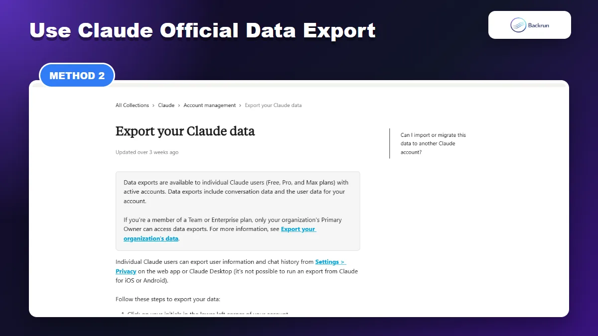 Claude Help Center page explaining how to export Claude data from Settings and Privacy