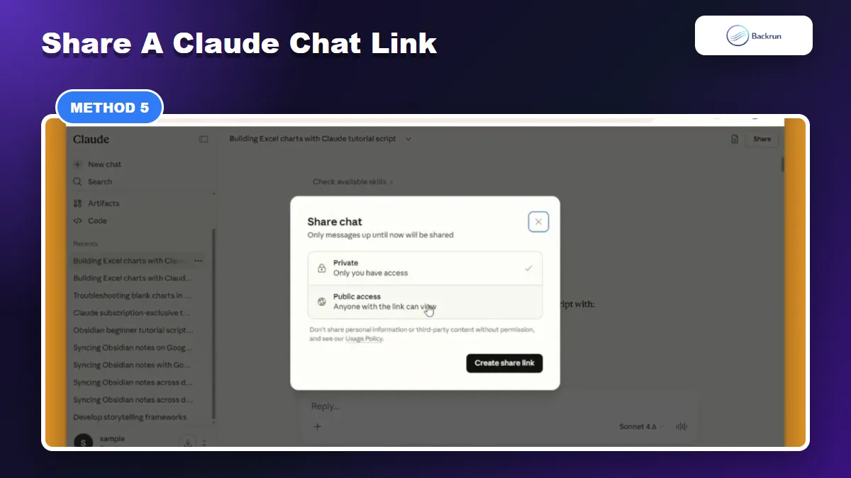 Claude share conversation workflow for creating a read-only chat link