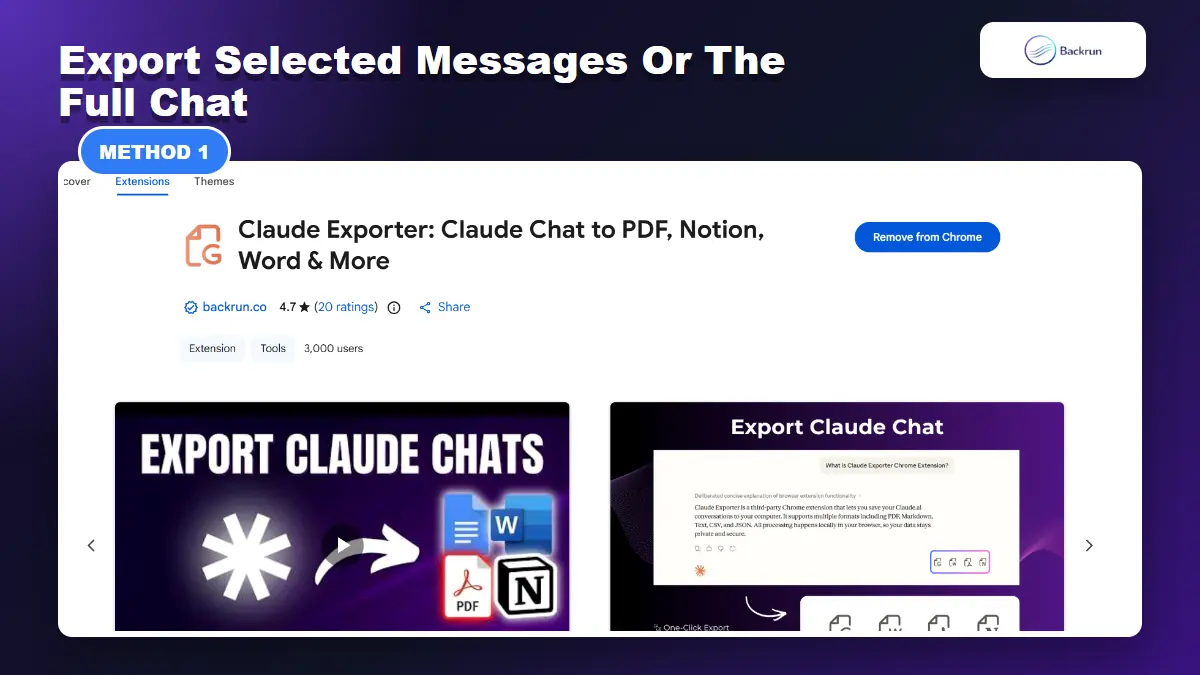 Chrome Web Store page for Claude Exporter by Backrun
