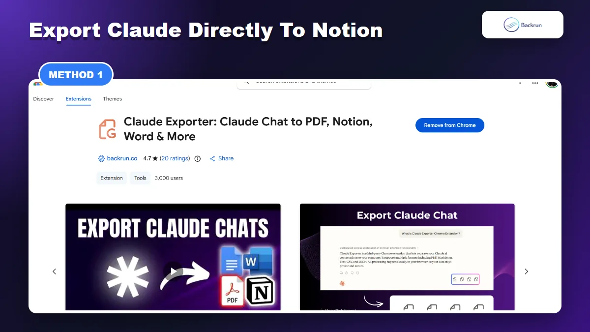 Chrome Web Store page for Claude Exporter with Notion export support