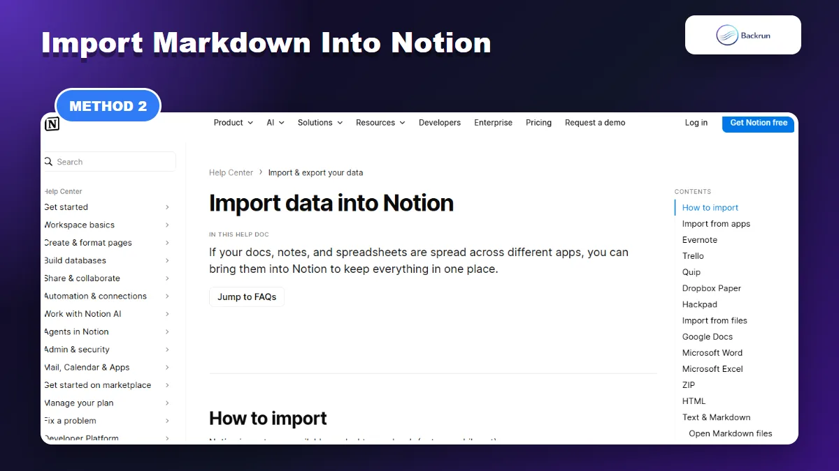 Notion help page showing supported import options including Markdown