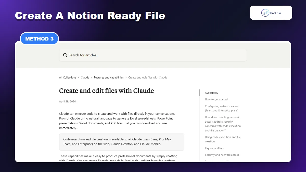 Claude Support page about creating and editing files with Claude