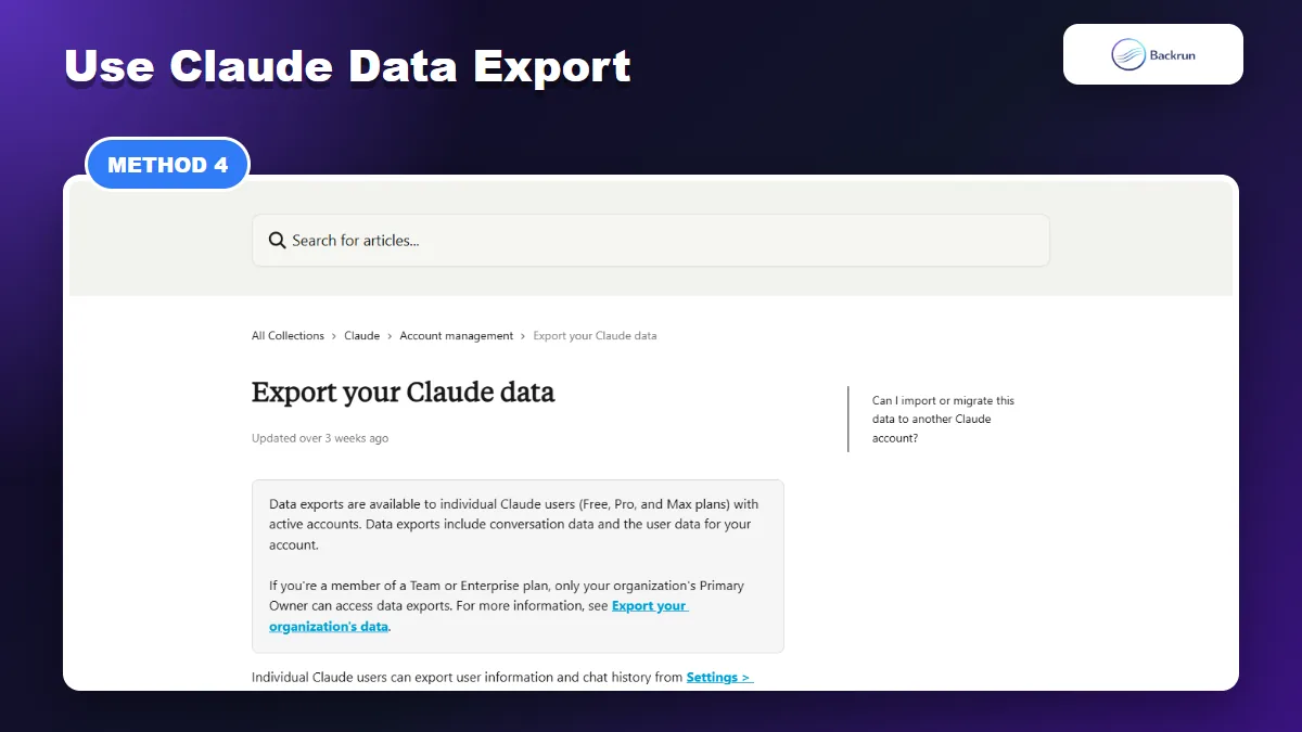 Claude Support page explaining how to export Claude data